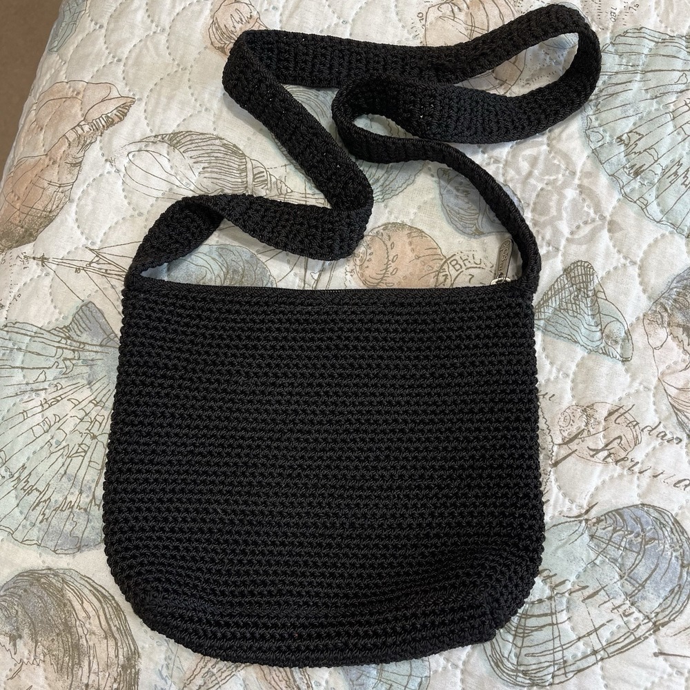 Vintage The Sak 1990's Woven Hand Crochet‎ Shoulder Bag Black Hobo Boho Zip 9x7 - Picture 2 of 13